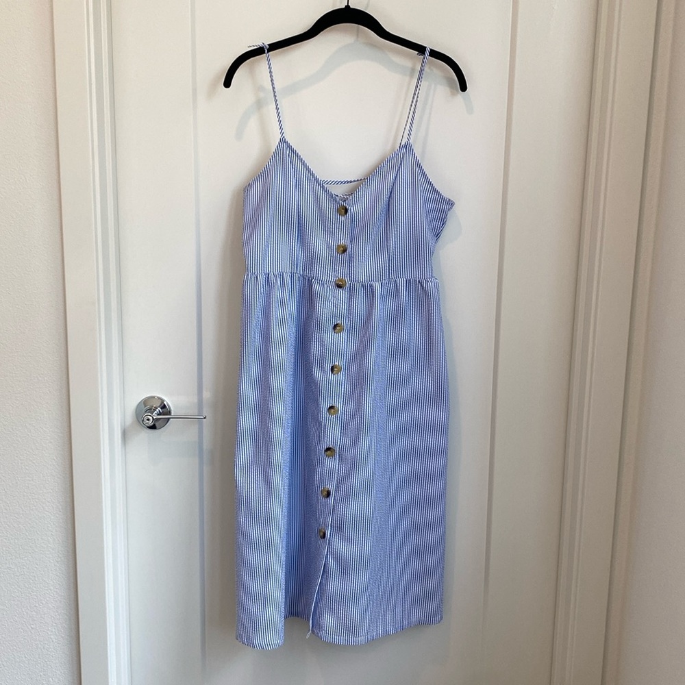 H&M Divided Blue & White Striped Buttoned Midi Dress